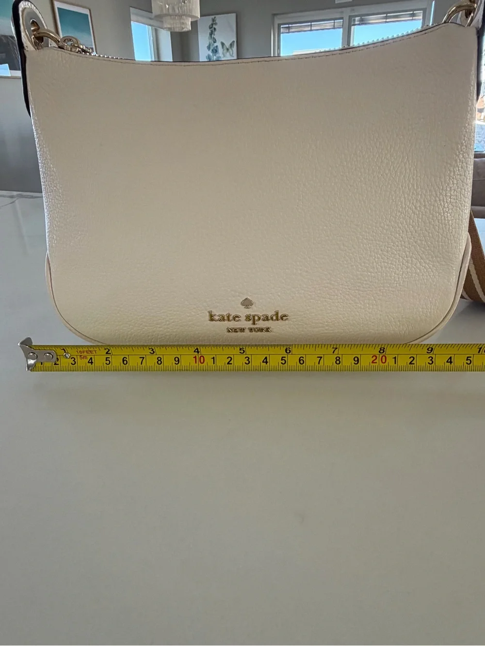 Kate Spade Ivory White Pebbled Leather Crossbody with Tan Striped Strap Like New